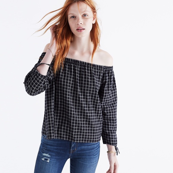 Madewell Tops - Madewell Black White Plaid Off The Shoulder Top Medium
